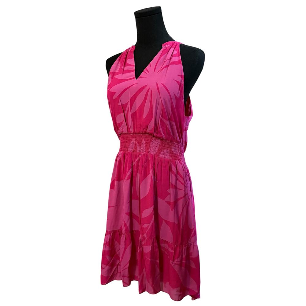 Caballero Sleeveless Dress Smocked Waist High Low Hem Tropical Print Pink Medium - Picture 8 of 9